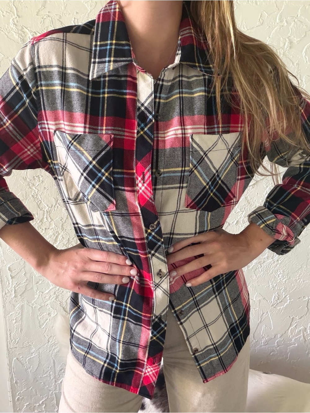 Natural Reflections Red, Black & Cream Plaid Button-Down Shirt